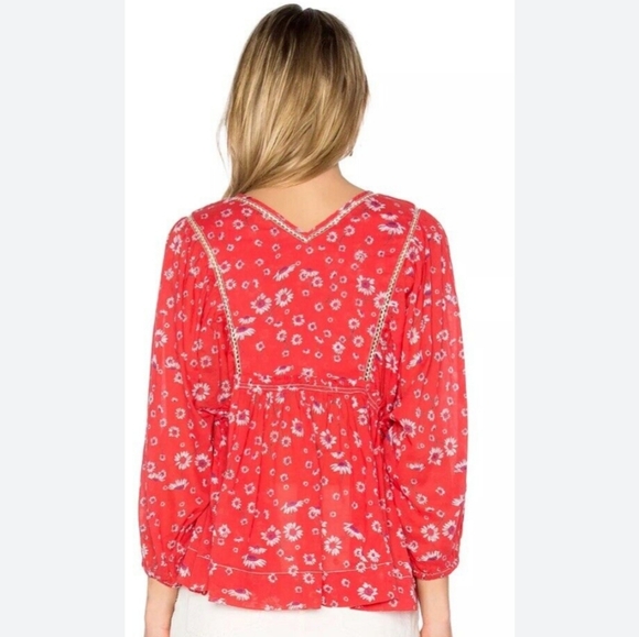 Free People Never A Dull Moment Blouse Red Floral Hi Low Hem Lace Cotton Sm NWT - Picture 15 of 16